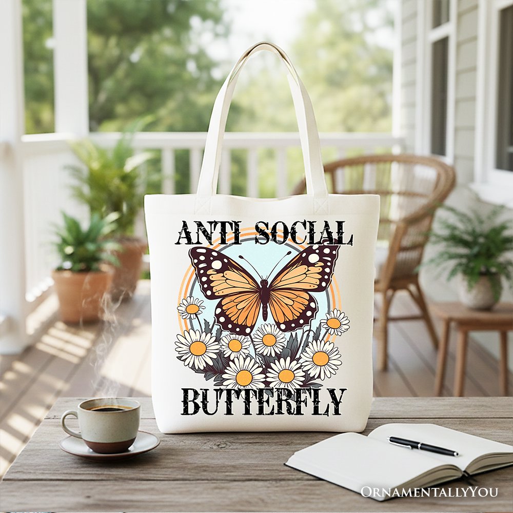 Anti Social Butterfly Canvas Tote Bag, Retro Gift Shopper for Quirky and Independent Women Tote Bag OrnamentallyYou White 