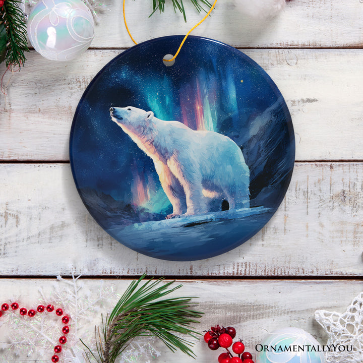Arctic Aurora Polar Bear Ceramic Ornament, Northern Lights Wildlife Gift and Tree Decor