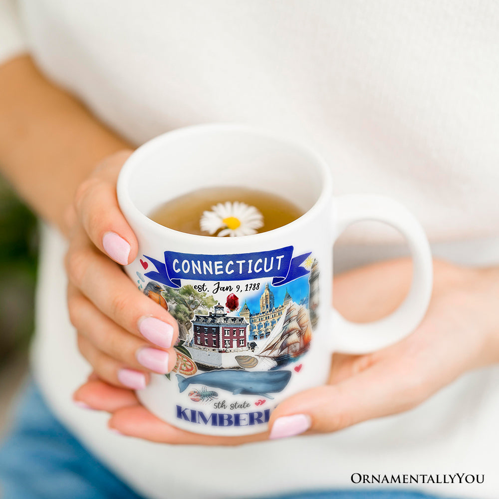 Artistic Connecticut State Themes and Landmarks Personalized Mug With Custom Name