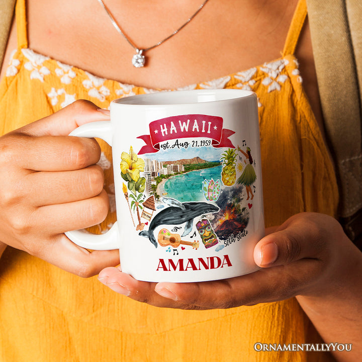 Artistic Hawaii State Themes and Landmarks Personalized Mug With Custom Name