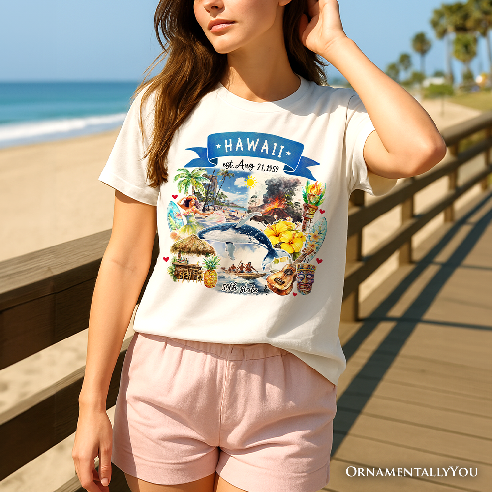 Artistic Hawaii State Themes and Landmarks T-Shirt, Tee for History and Travel Lovers