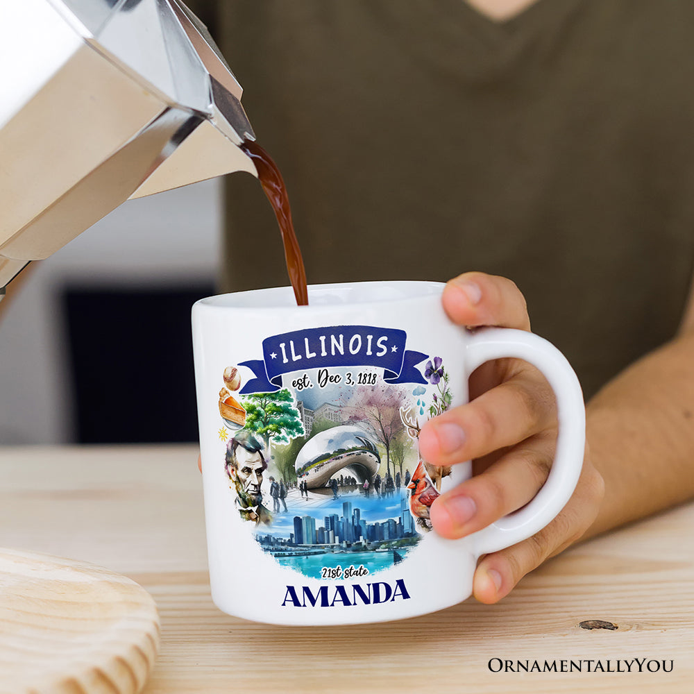 Artistic Illinois State Themes and Landmarks Personalized Mug With Custom Name