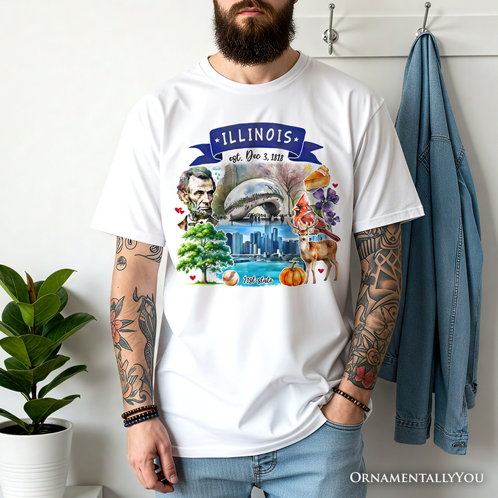 Artistic Illinois State Themes and Landmarks T-Shirt, Tee for History and Travel Lovers