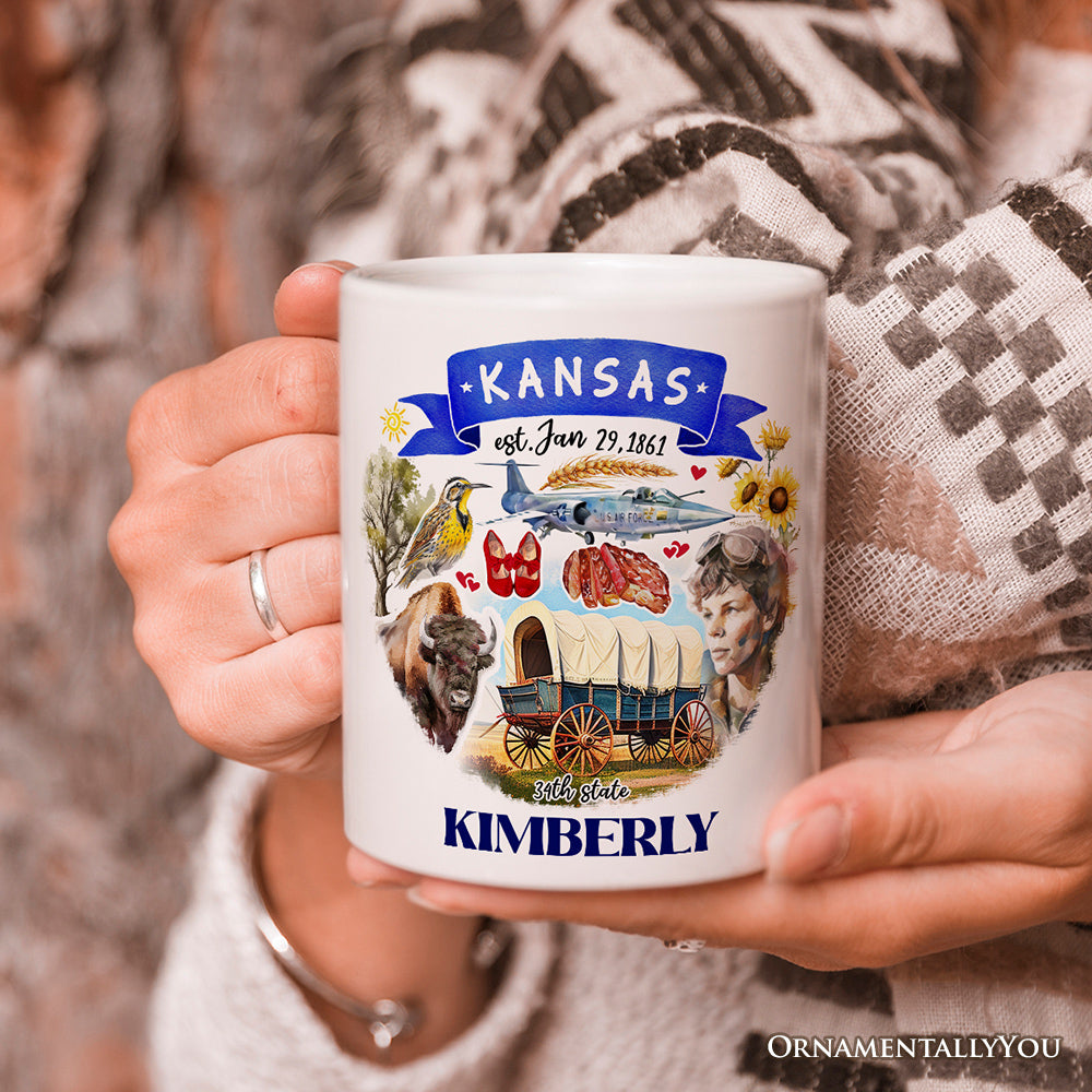 Artistic Kansas State Themes and Landmarks Personalized Mug With Custom Name