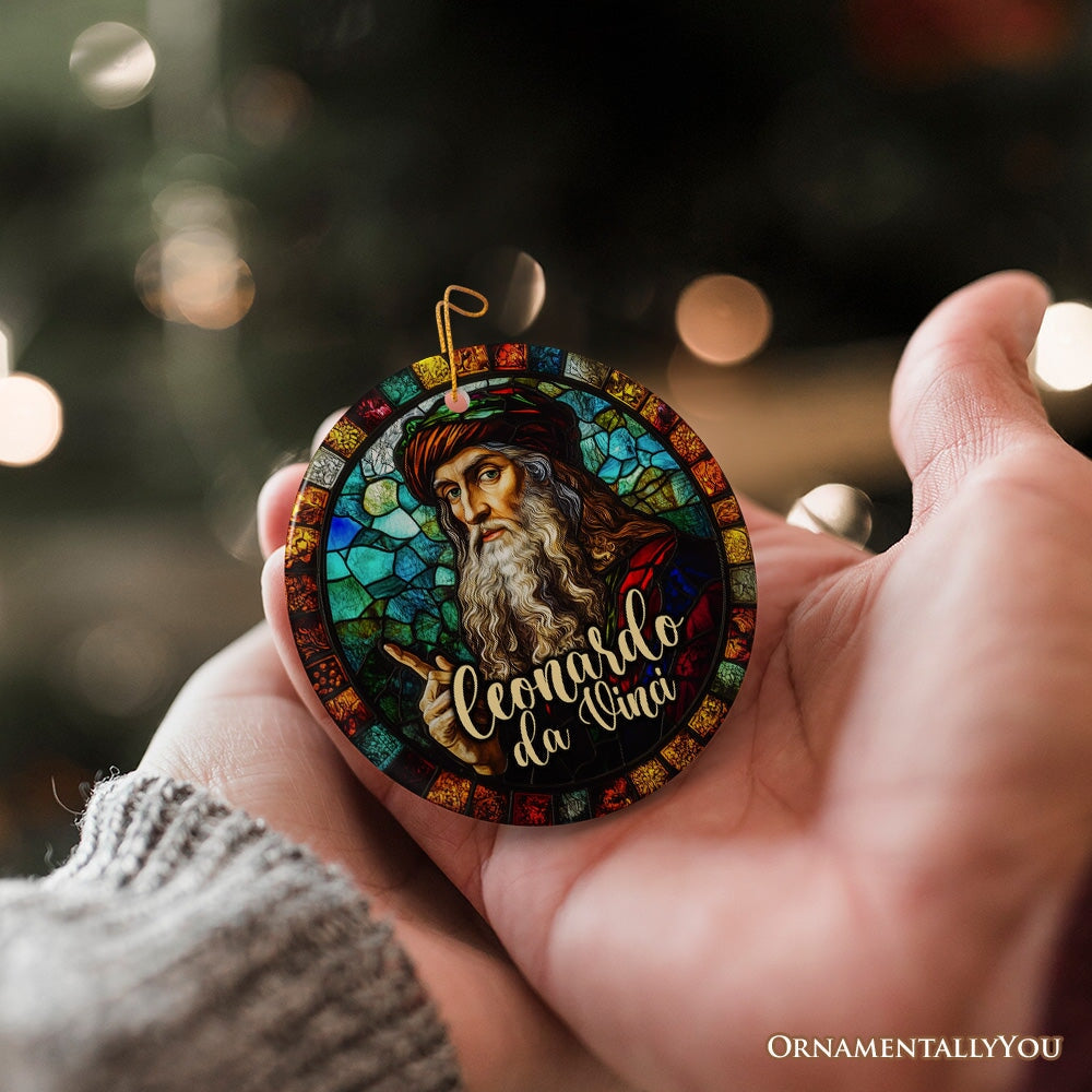 Artistic Leonardo da Vinci Self-Portrait in Stained Glass Themed Christmas Ornament, Medieval Renaissance Italy Keepsake Ceramic Ornament OrnamentallyYou 