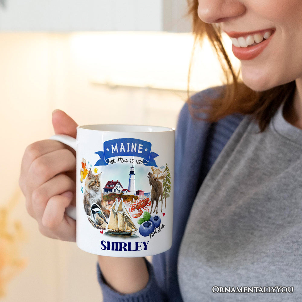 Artistic Maine State Themes and Landmarks Personalized Mug With Custom Name