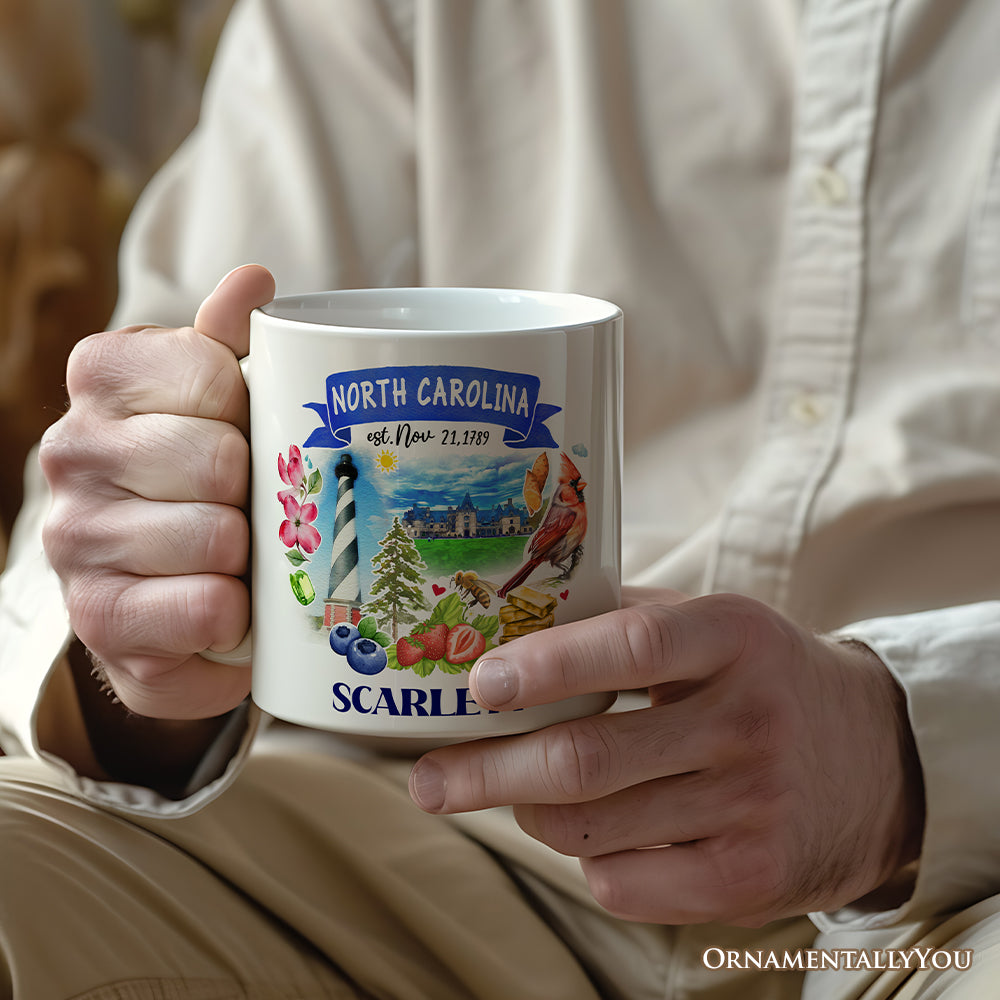 Artistic North Carolina State Themes and Landmarks Personalized Mug With Custom Name