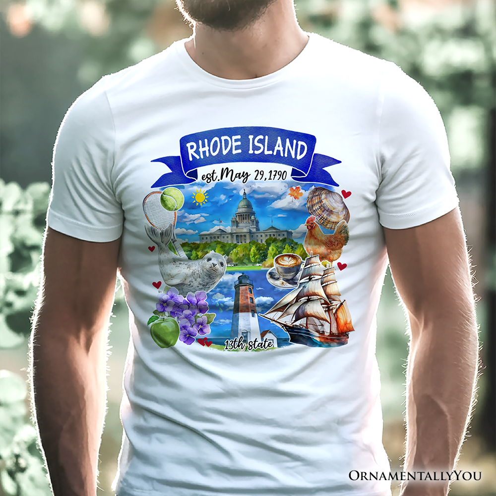 Artistic Rhode Island State Themes and Landmarks T-Shirt, Tee for History and Travel Lovers