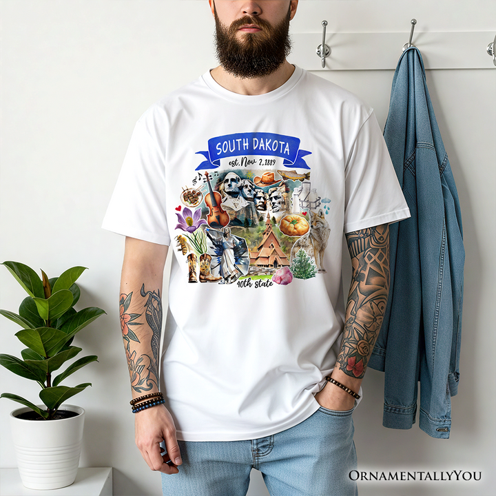 Artistic South Dakota State Themes and Landmarks T-Shirt, Tee for History and Travel Lovers