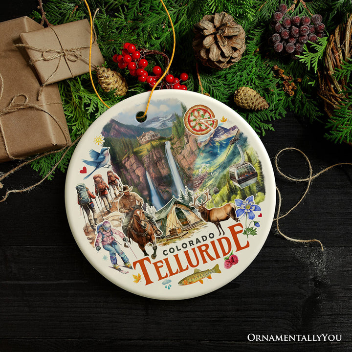 Artistic Telluride Mountain Town Ornament, Colorado Waterfall Landmark and Nature Adventure Christmas Gift and Tree Decor