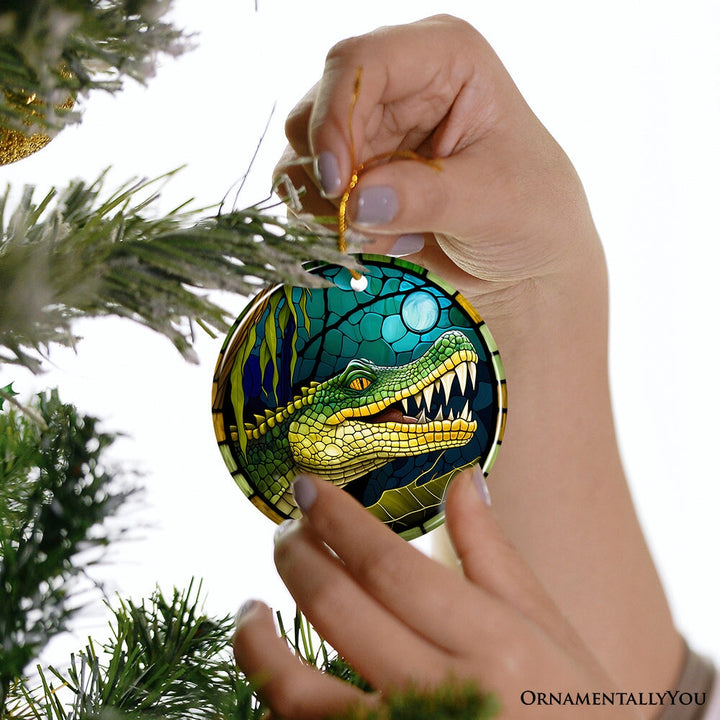 Artistic Wetlands Alligator Ceramic Ornament, Stained Glass Theme Nature Art of Swamp Animal Ceramic Ornament OrnamentallyYou 
