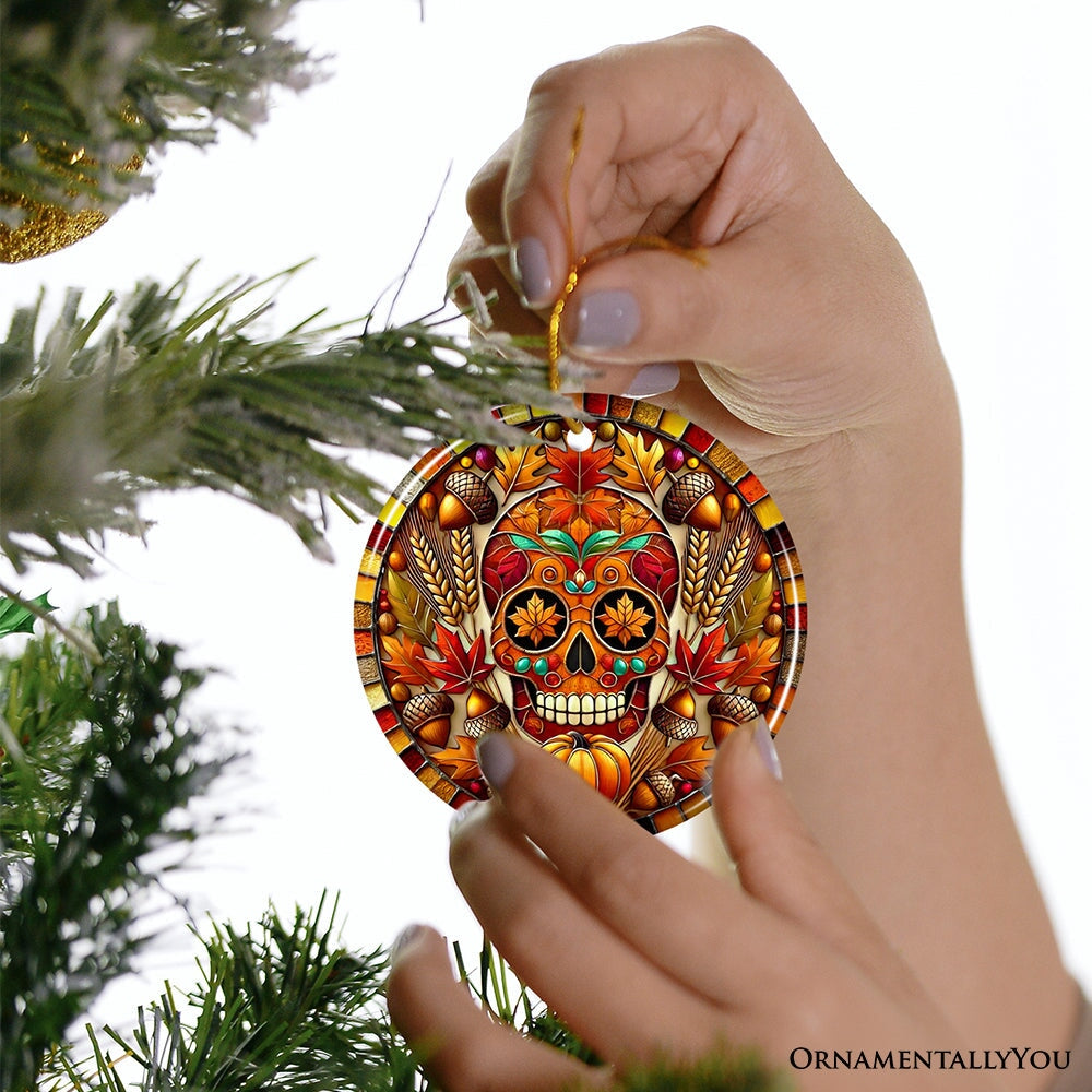 Autumn Harvest Sugar Skull Ornament, Vibrant Fall Foliage Christmas Gift and Decor Ceramic Ornament OrnamentallyYou 