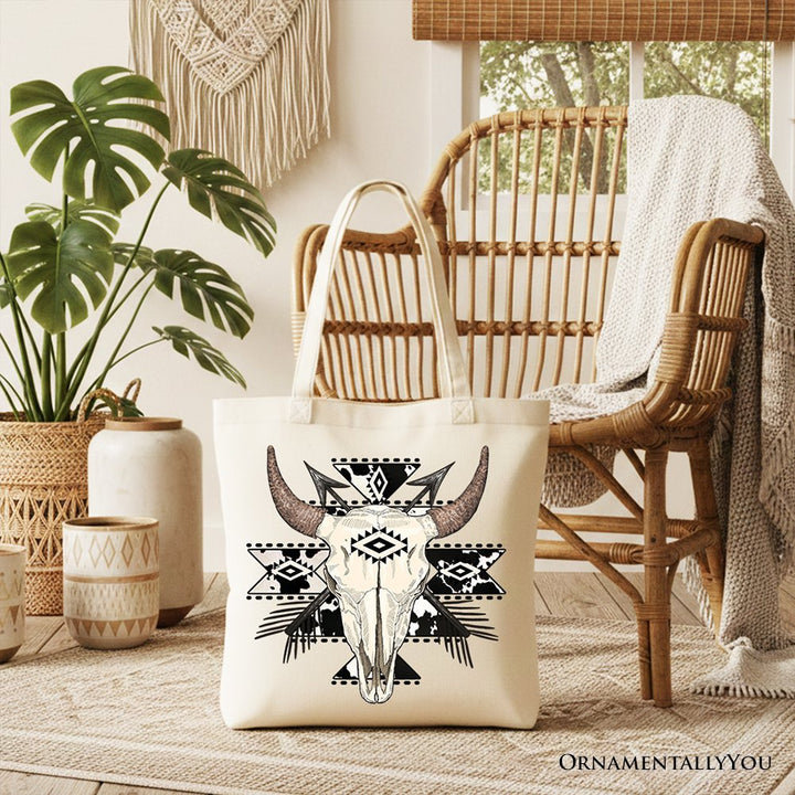 Aztec Tribal Bull Skull Canvas Tote Bag, Western Boho Gift Shopper Tote Bag OrnamentallyYou Beige 