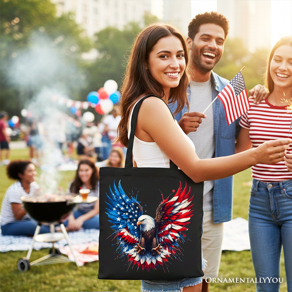 Bald Eagle American Flag Canvas Tote Bag, Patriotic Freedom Gift Shopper Tote Bag OrnamentallyYou 