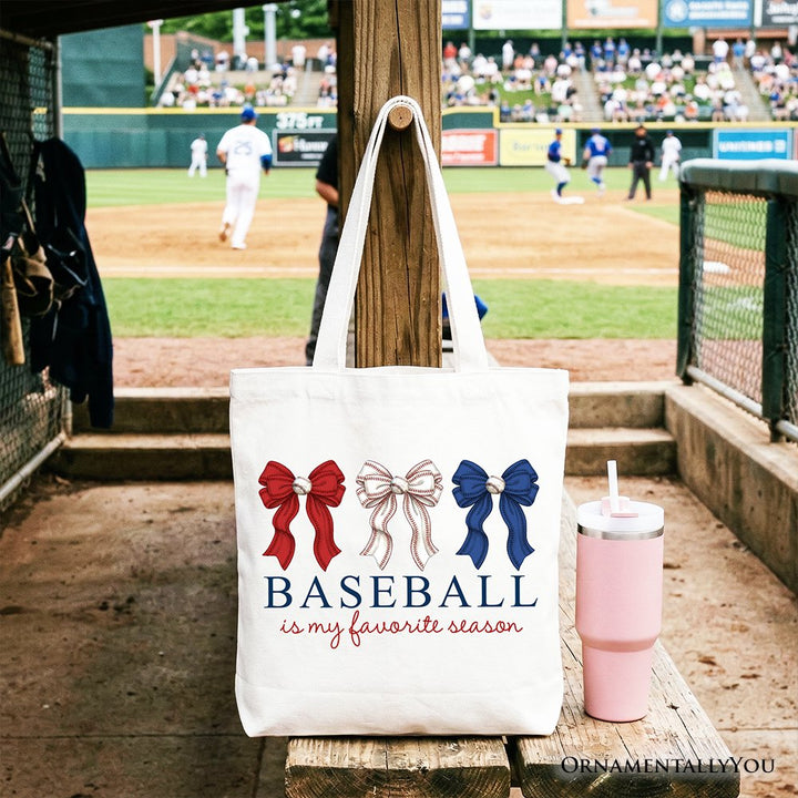 Baseball Is My Favorite Season Tote Bag, Coquette Bow Game Day Gift Shopper Tote Bag OrnamentallyYou White 
