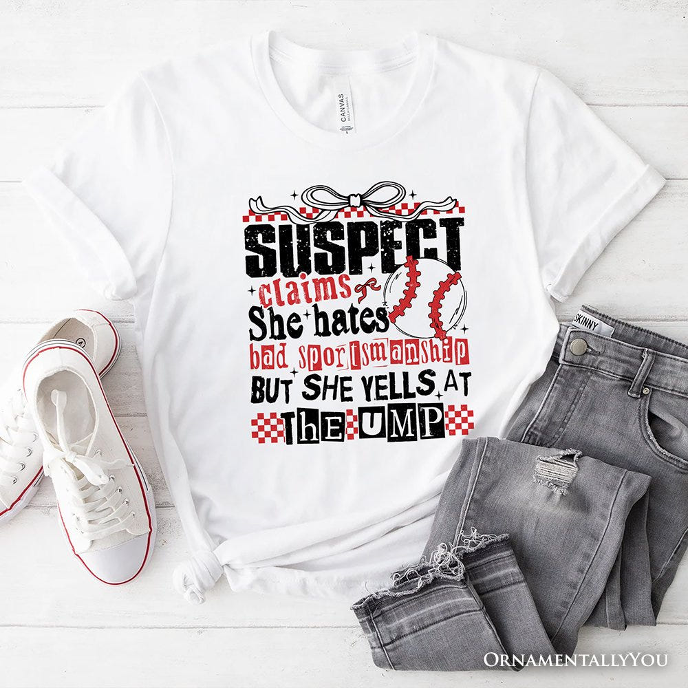 Baseball Suspect Claims Fun T-Shirt, Retro White and Natural Tee With Coquette Bow T-Shirts OrnamentallyYou White XS 