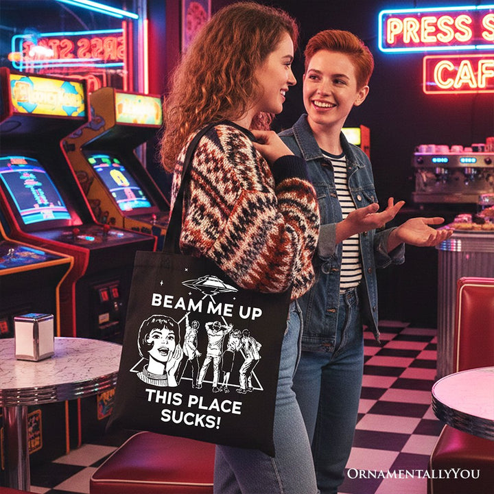 Beam Me Up This Place Sucks Comic Sarcastic Canvas Tote Bag, Woman Retro UFO Meme Funny Gift Shopper Tote Bag OrnamentallyYou 