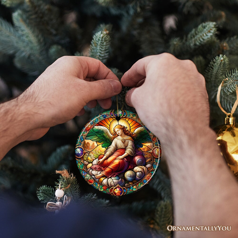 Beautiful Angel Medieval Stained Glass Themed Painting Christmas Ornament, Renaissance Italy Gift and Tree Decor Ceramic Ornament OrnamentallyYou 