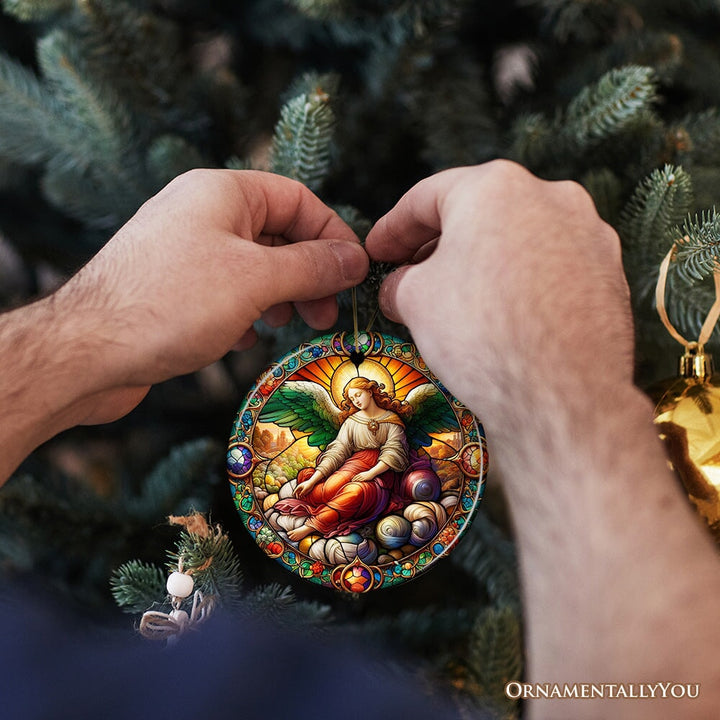 Beautiful Angel Medieval Stained Glass Themed Painting Christmas Ornament, Renaissance Italy Gift and Tree Decor Ceramic Ornament OrnamentallyYou 