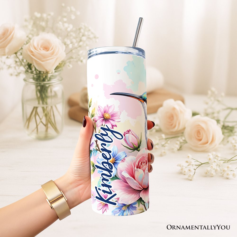 Beautiful Floral Hummingbird 20oz Personalized Tumbler With Lid and Stainless Steel Straw, Vibrant Roses Travel Mug Gift Tumbler OrnamentallyYou 