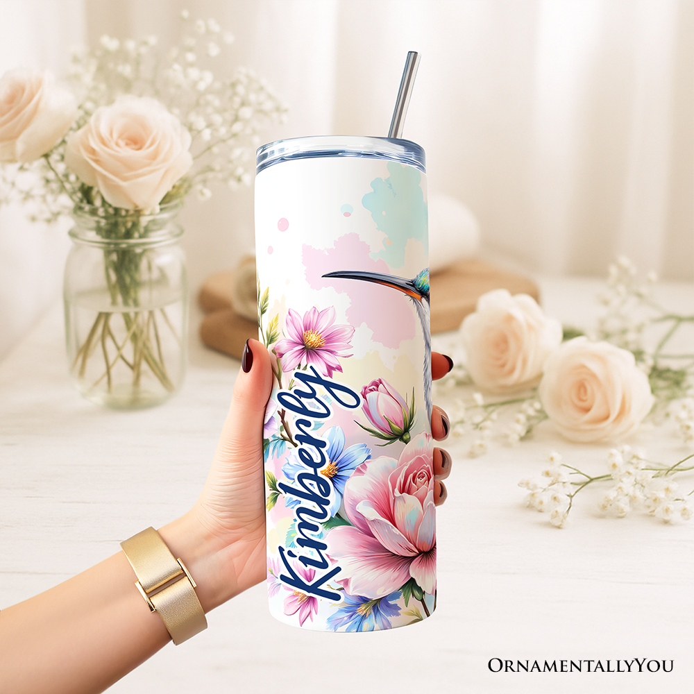 Beautiful Floral Hummingbird 20oz Personalized Tumbler With Lid and Stainless Steel Straw, Vibrant Roses Travel Mug Gift