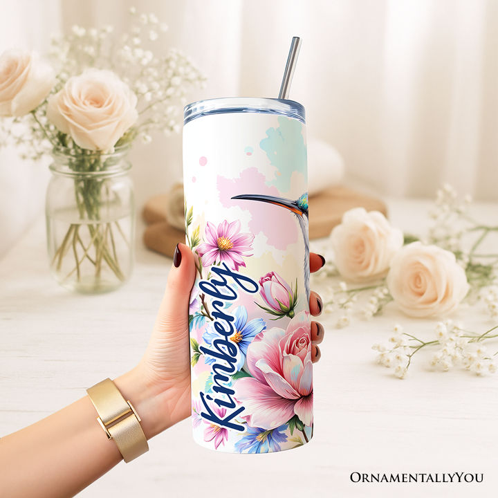 Beautiful Floral Hummingbird 20oz Personalized Tumbler With Lid and Stainless Steel Straw, Vibrant Roses Travel Mug Gift
