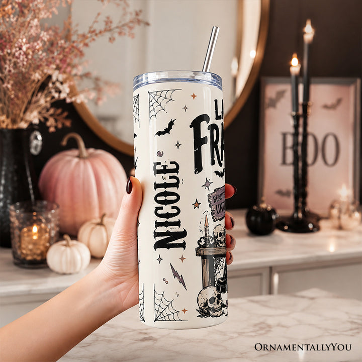 Beautifully Undead Lady Frankenstein 20oz Personalized Tumbler With Lid and Stainless Steel Straw, Vintage Halloween Monster Girl Gift Cup