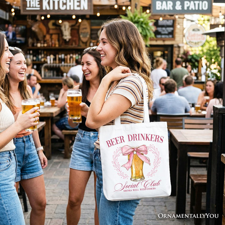 Beer Drinkers Social Club Tote Bag, Coquette Pink Bow Gift Shopper for Girly Summer Bachelorette Vibes Tote Bag OrnamentallyYou 