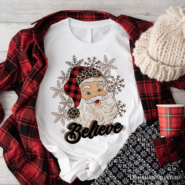 Believe Santa Buffalo Plaid T‑Shirt, Retro Christmas Tee T-Shirts OrnamentallyYou White XS 