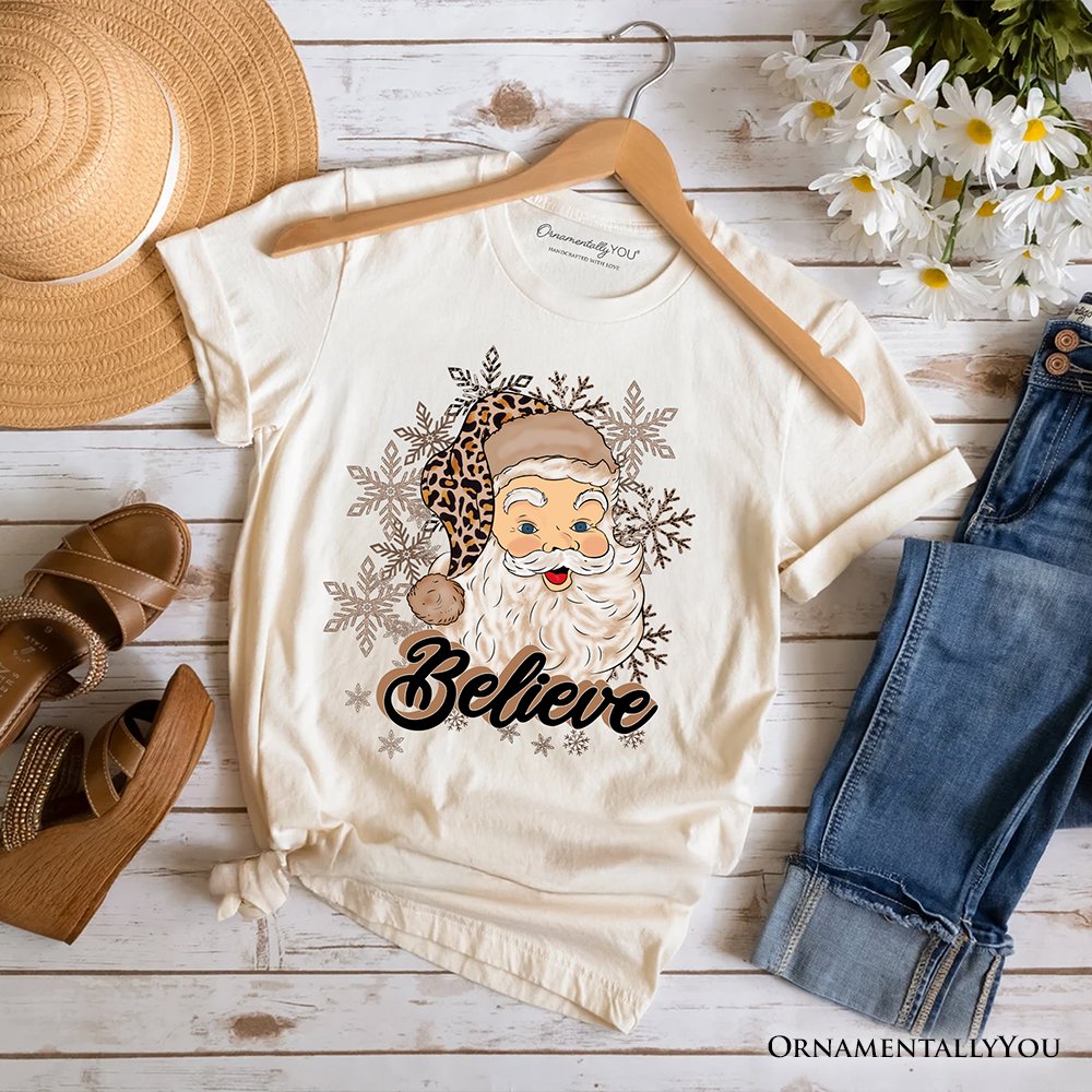 Believe Santa Cheetah Leopard T‑Shirt, Retro Christmas Tee T-Shirts OrnamentallyYou Natural XS 