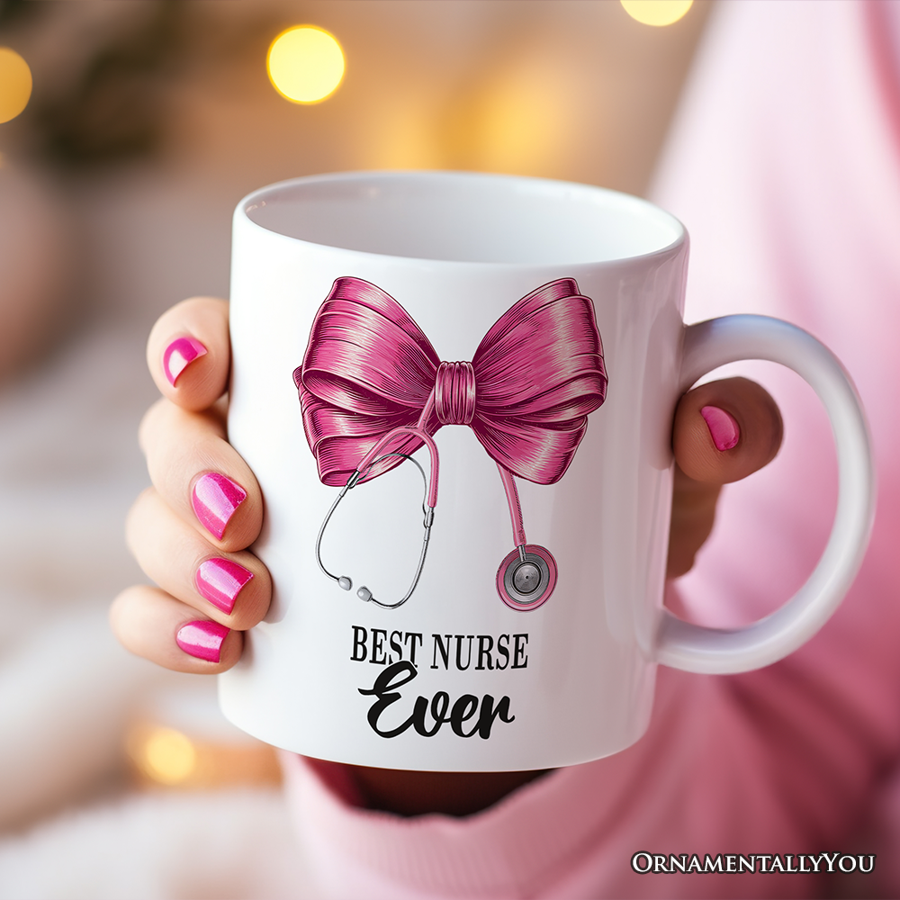 Best Nurse Coquette Pink Bow Personalized Mug, Pink Stethoscope, Gift for Nurse With Custom Name