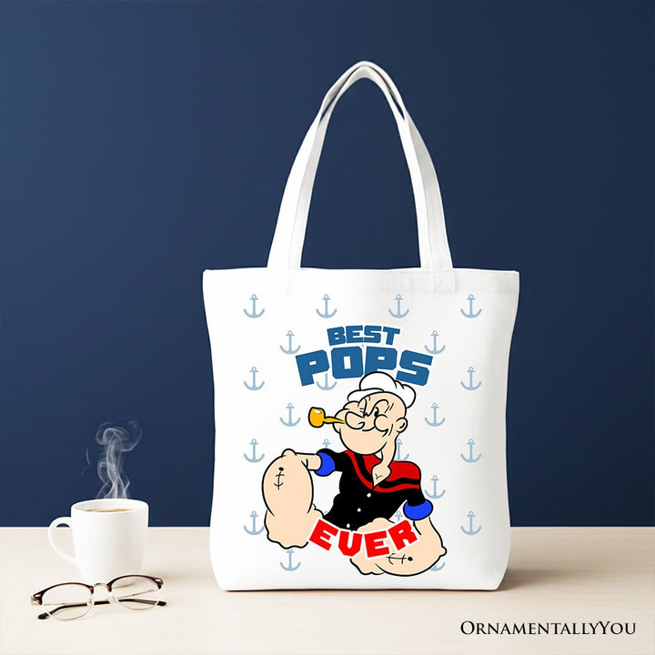 Best Pops Ever Canvas Tote Bag, Classic Popeye the Sailorman Dad Gift Bag for Fun and Strong Dads Tote Bag OrnamentallyYou White 