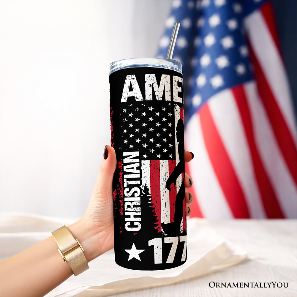 Bigfoot American Flag 20oz Personalized Tumbler With Lid and Stainless Steel Straw, Patriotic Sasquatch Gift Cup