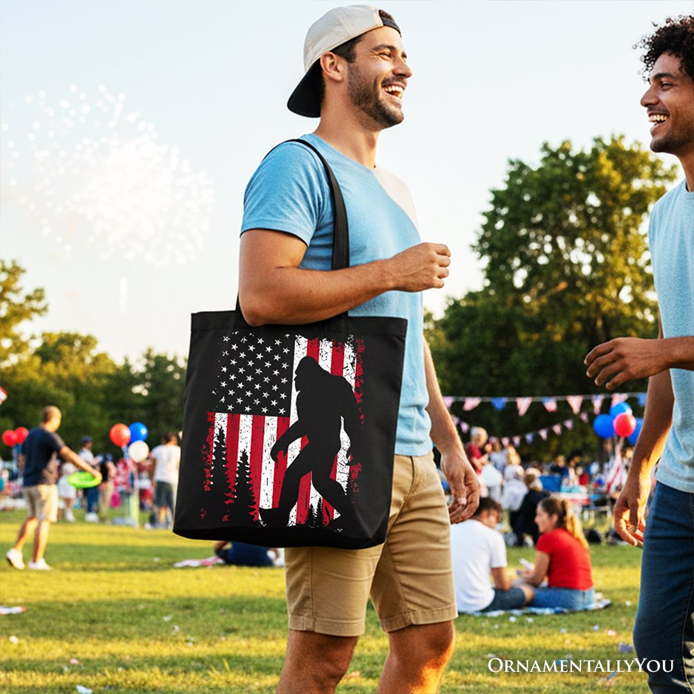 Bigfoot American Flag Canvas Tote Bag, Patriotic Sasquatch Gift Shopper Tote Bag OrnamentallyYou 