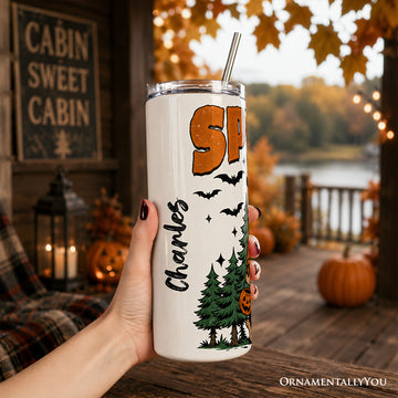 Bigfoot Spooky Season 20oz Personalized Tumbler With Lid and Stainless Steel Straw, Retro Halloween Forest Gift Cup