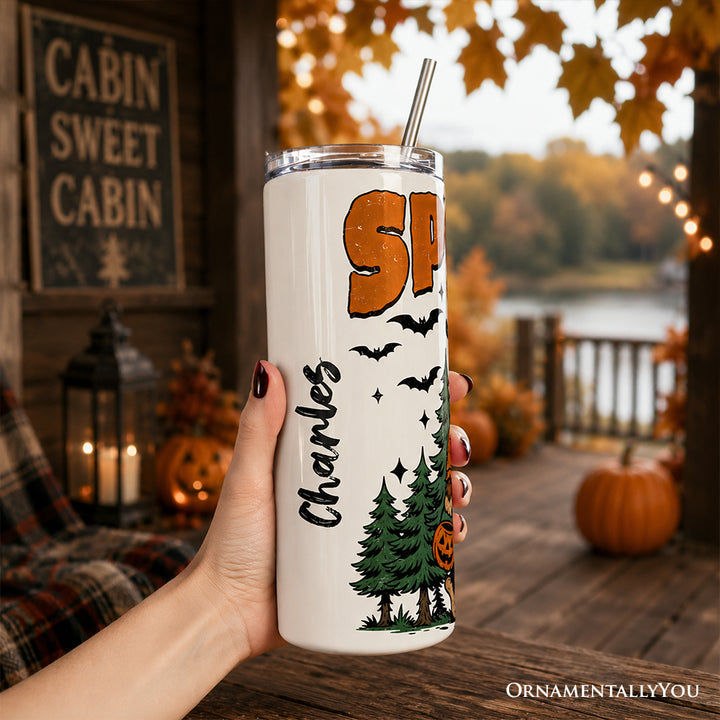 Bigfoot Spooky Season 20oz Personalized Tumbler With Lid and Stainless Steel Straw, Retro Halloween Forest Gift Cup