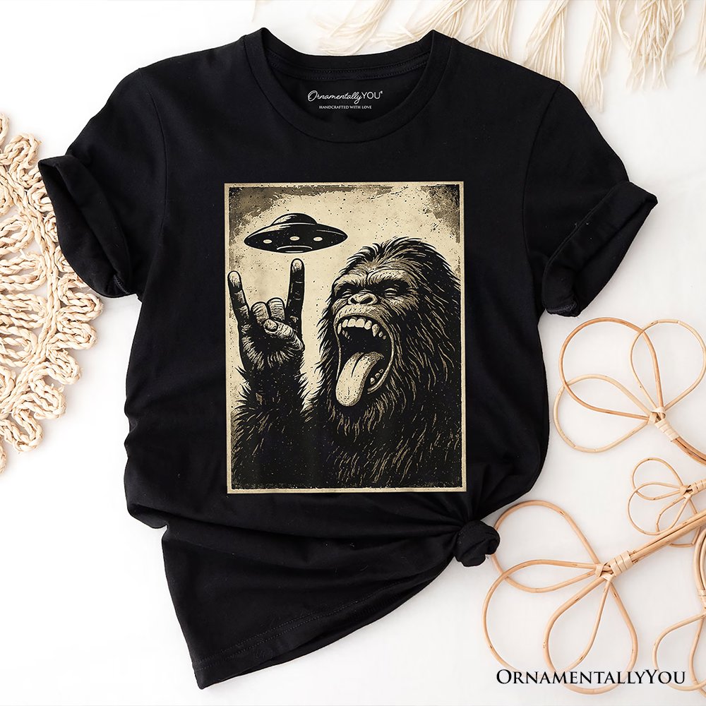 Bigfoot UFO Funny T-Shirt, Rock and Roll Sasquatch Meme Tee T-Shirts OrnamentallyYou Black XS 