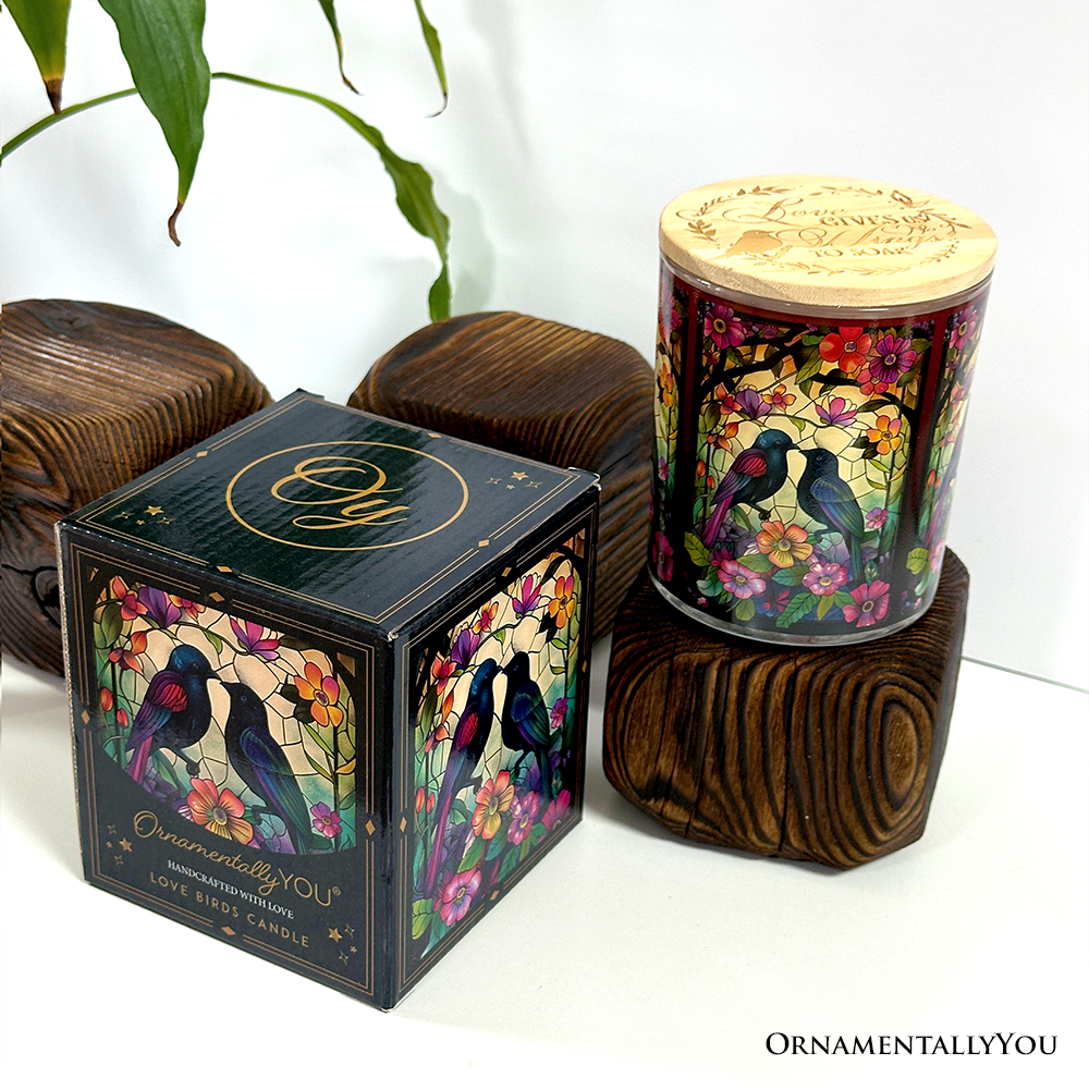 Birds of Love Faux Stained Glass LED Tea Light Candle, Cozy Romantic Valentine Decor With Soft Glow