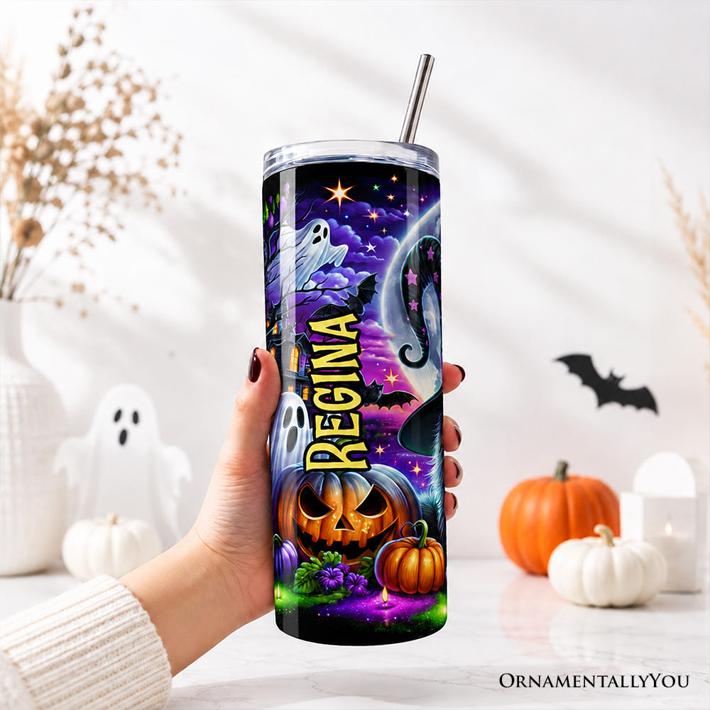 Black Cat Witch 20oz Personalized Tumbler With Lid and Stainless Steel Straw, Spooky Halloween Gift Cup