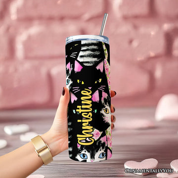 Black Cats Pink Rose Pattern 20oz Personalized Tumbler With Lid and Stainless Steel Straw, Cute Floral Kitty Gift Cup Tumbler OrnamentallyYou 
