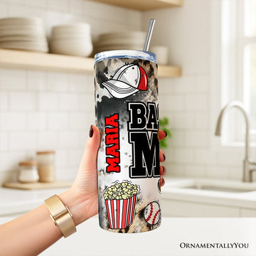 Black and Red Baseball Mom Pattern 20oz Personalized Tumbler With Lid and Stainless Steel Straw, Proud Sports Mothers Gift Cup Tumbler OrnamentallyYou 