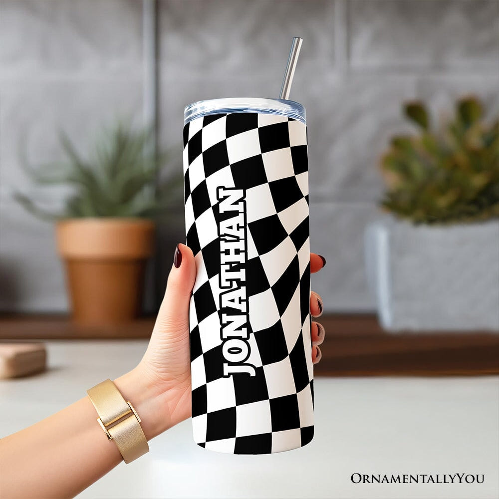 Black and White Checkerboard Swirl 20oz Personalized Tumbler With Lid and Stainless Steel Straw, Retro Optical Illusion Gift Cup Tumbler OrnamentallyYou 