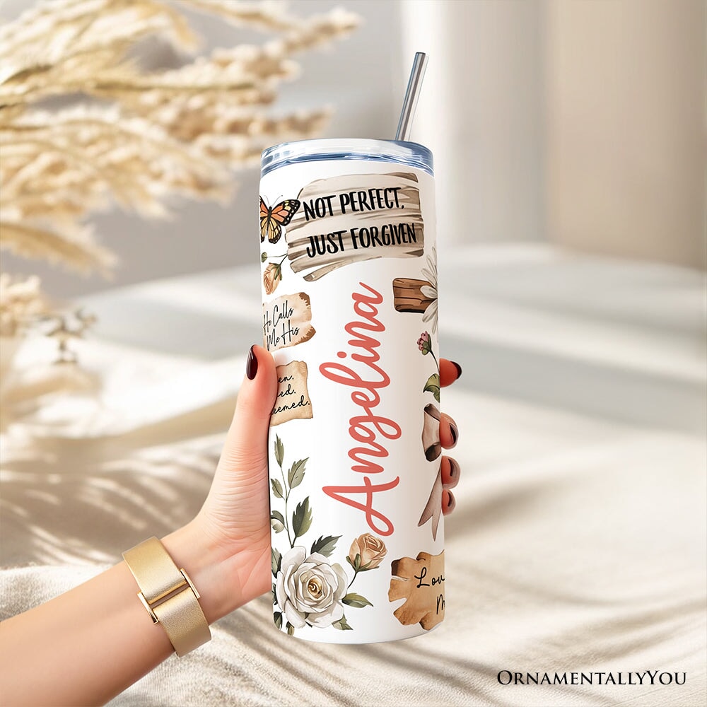 Boho Christian Cross 20oz Personalized Tumbler With Lid and Stainless Steel Straw, Vintage Floral Quotes Gift Cup Tumbler OrnamentallyYou 