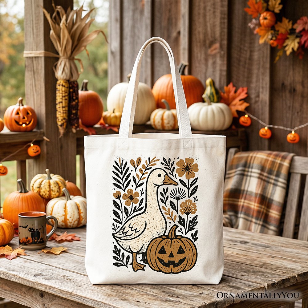 Boho Goose Halloween Pumpkin Tote Bag, Spooky Fall Floral Gift Shopper Tote Bag OrnamentallyYou White 