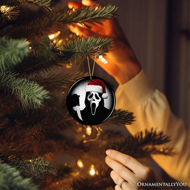 Bone Chilling Scarface Mask With Santa Hat Ornament, Nightmarish Christmas Gift for Halloween Tree Ceramic Ornament OrnamentallyYou 