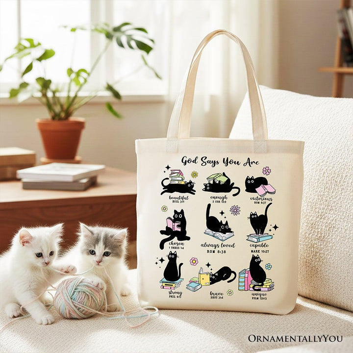 Book Cat God Says I Am Tote Bag, Christian Bible Verse Faith Gift Shopper Tote Bag OrnamentallyYou Beige 