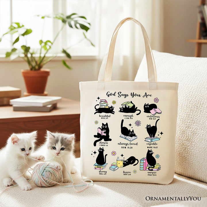 Book Cat God Says I Am Tote Bag, Christian Bible Verse Faith Gift Shopper