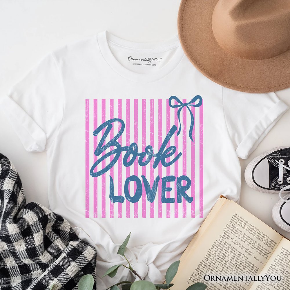 Book Lover Striped Reader T-Shirt, Coquette Bookworm Tee T-Shirts OrnamentallyYou White XS 
