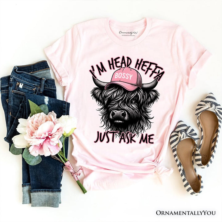Bossy Highland Cow T-Shirt, Head Heifer Funny Western Tee T-Shirts OrnamentallyYou Soft Pink XS 