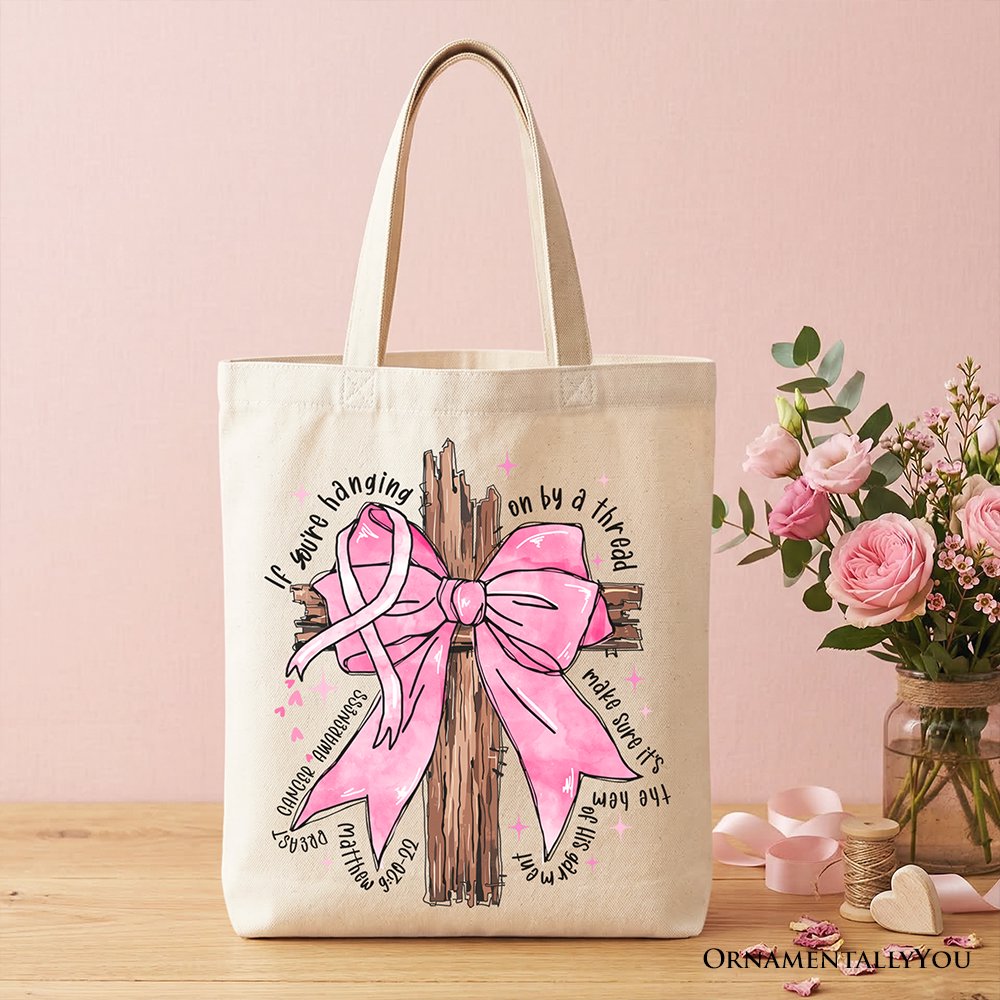 Breast Cancer Pink Bow Cross Tote Bag, Awareness Faith Christian Gift Shopper Tote Bag OrnamentallyYou Beige 